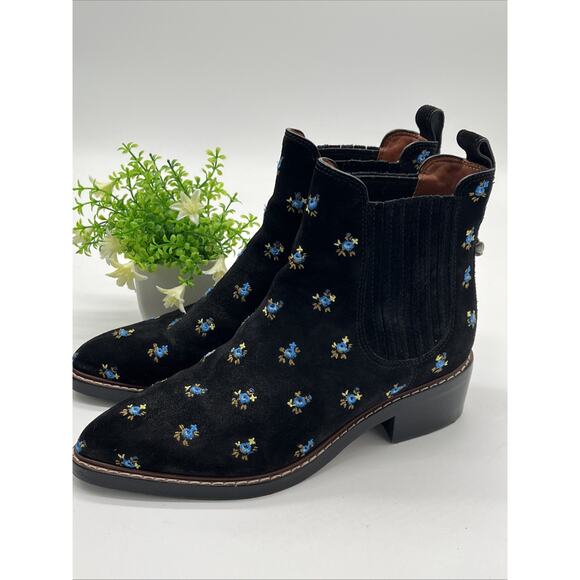 Coach Bowery Black Suede Floral Embroidery Chelsea Ankle Boots Booties 2” Sz 6 - Picture 5 of 16
